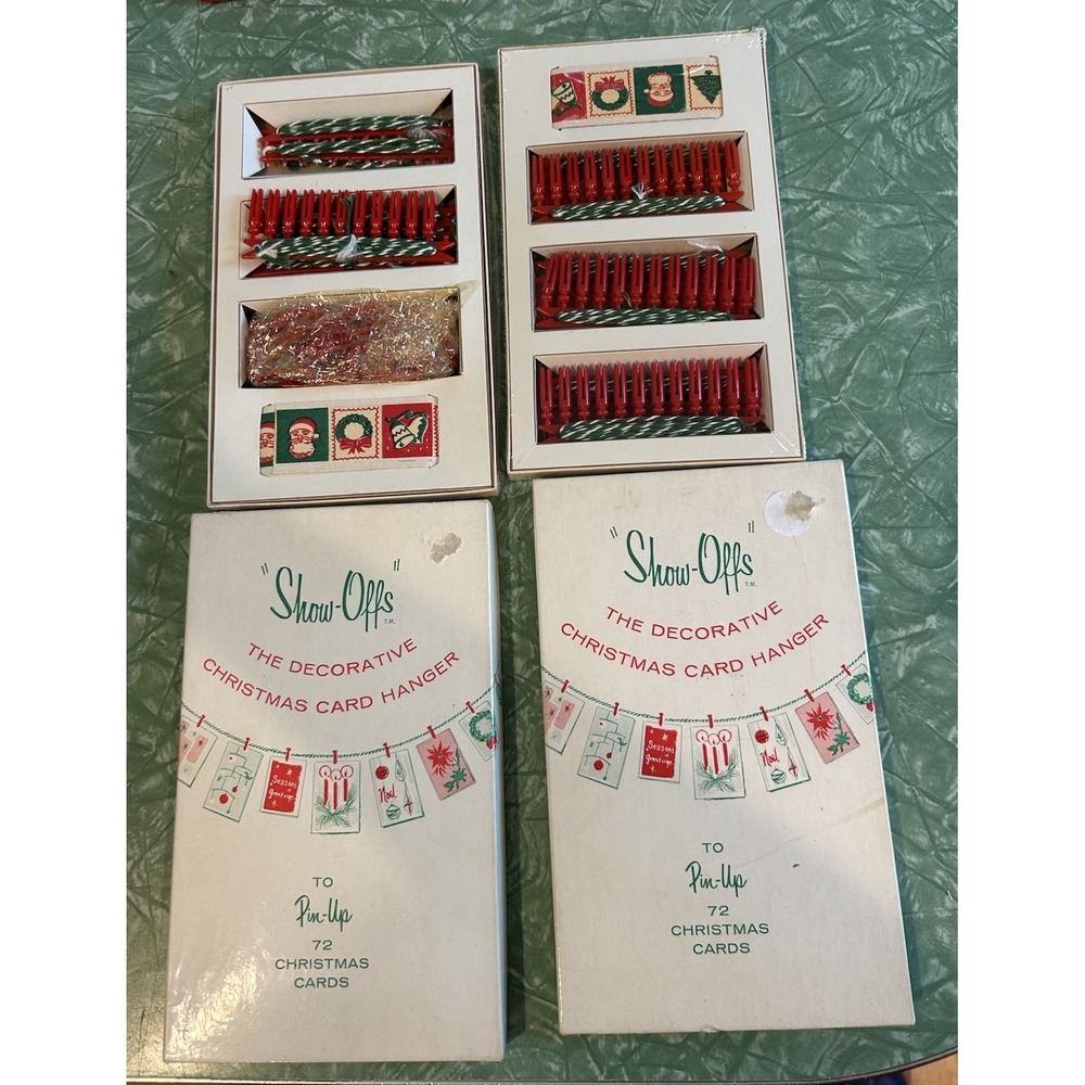 2 Vintage‎ "Show-Offs" Christmas Card Hangers Set GREEN Clothespins Box Sets